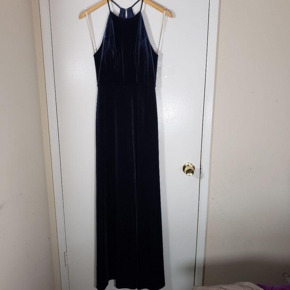 Jenny Yoo Blue Velvet Sleeveless High Neck Long Maxi Dress with Side Slit Size 2